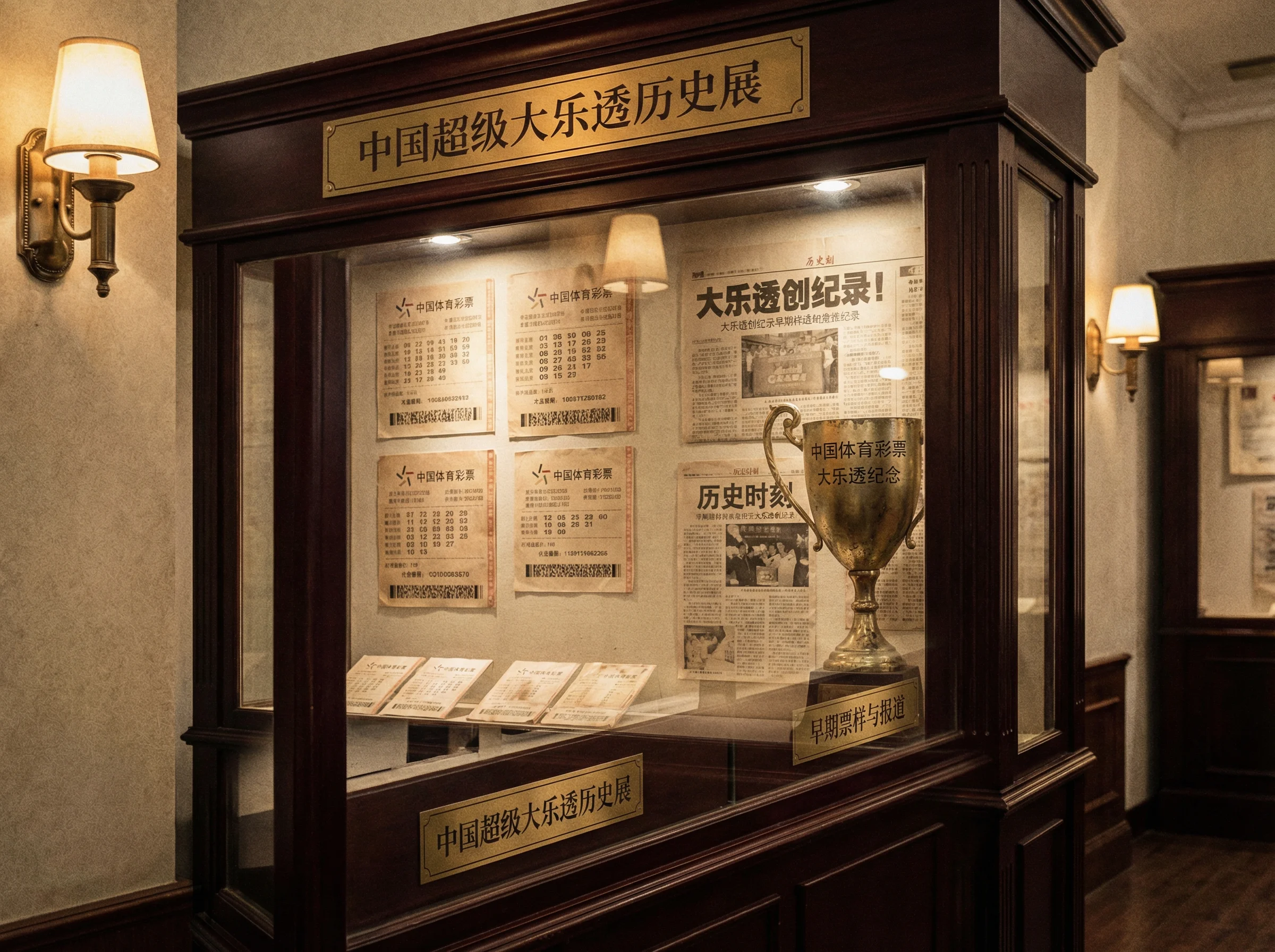 大乐透历史展柜展示珍贵票样和报道